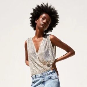 Zara Sleeveless Silver Sequin Overlapping Neckline Bodysuit, SZ S
